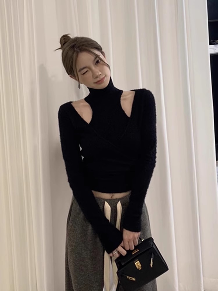 水貂絨毛衣女春秋露肩針織衫高領打底衫設計感小眾假兩件套女上衣