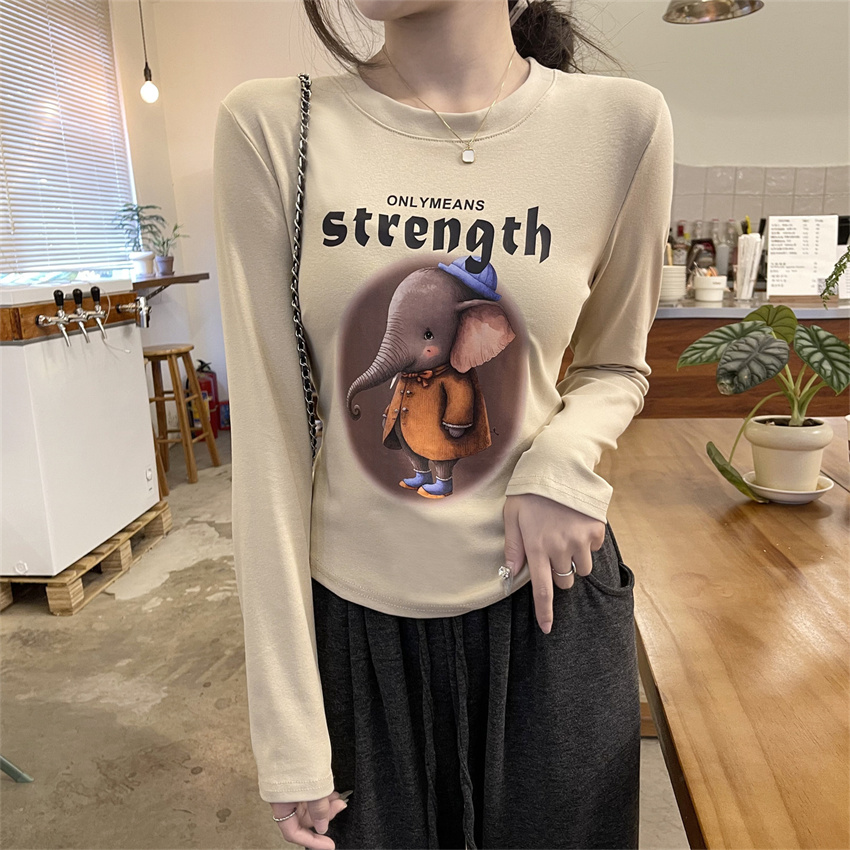 Real shot of short right shoulder t-shirt women's top spring round neck cartoon print western style long-sleeved bottoming shirt