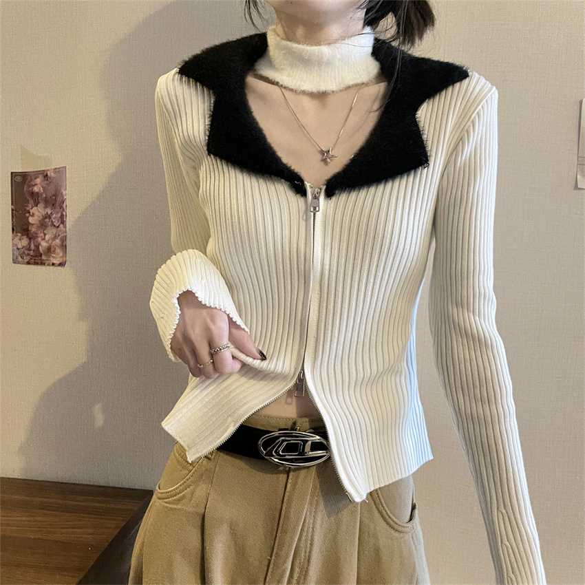 實拍辣妹修身顯瘦翻領上衣開衫女毛衣針織內搭打底衫