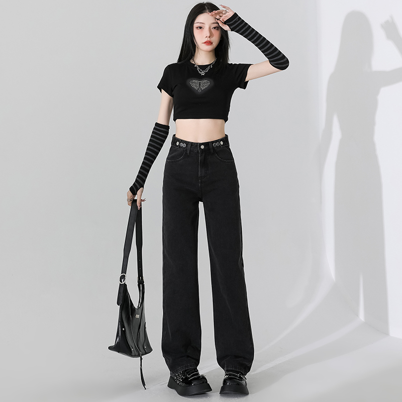 實拍~2024春求美式復古高腰直筒牛仔褲女調節扣寬鬆顯瘦闊腿褲ins