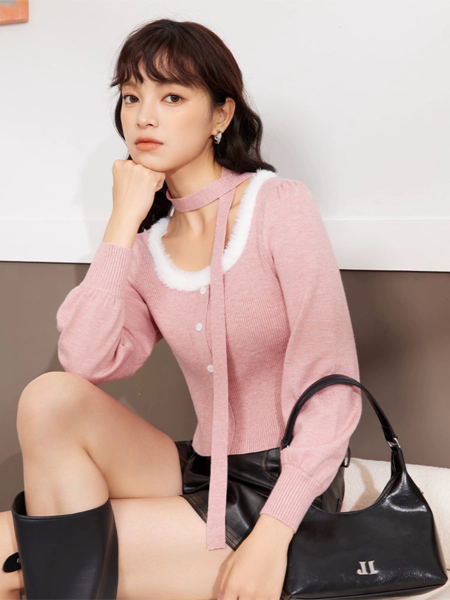 Collar halter neck hot girl versatile woolen top, chic autumn new style French gentle style square collar slim short style