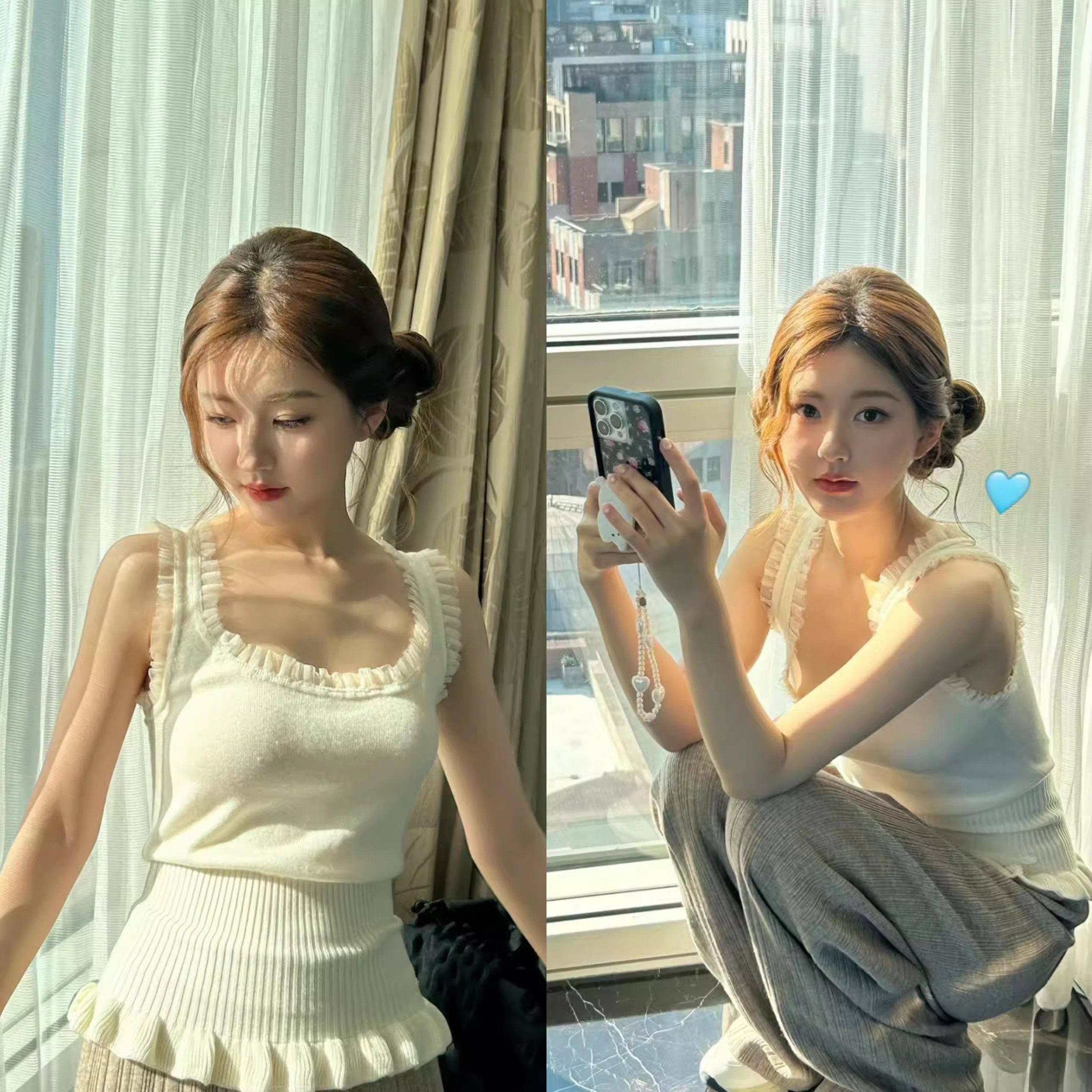 Zhao Lusi's same style white U-neck fungus-edged French pinch waist knitted vest for women with gentle style inner top
