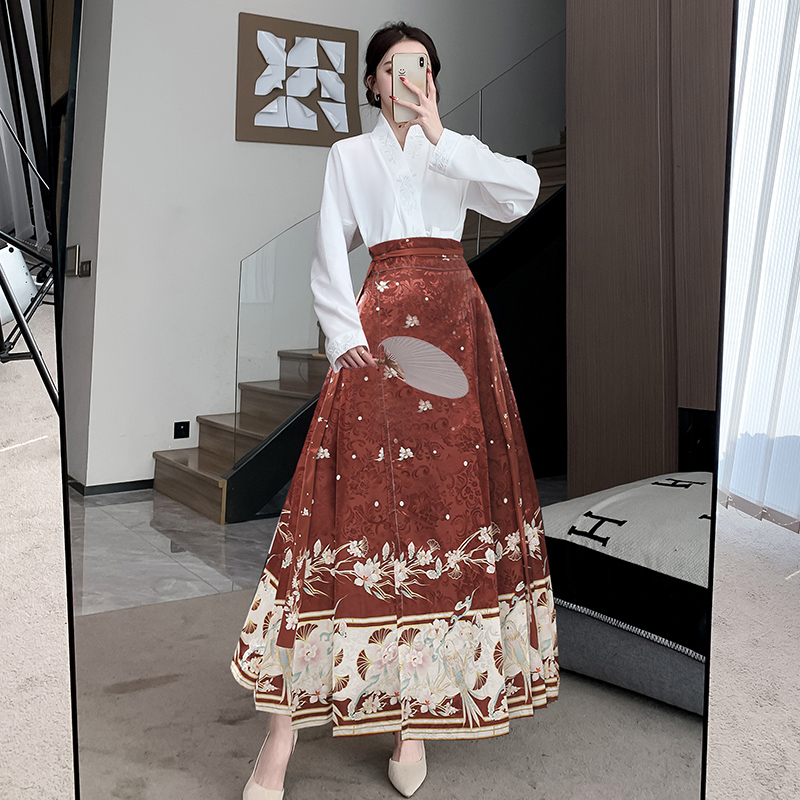 實拍紅色馬面裙新中式漢服女明制繡花交領飛機袖國風套裝日常通勤