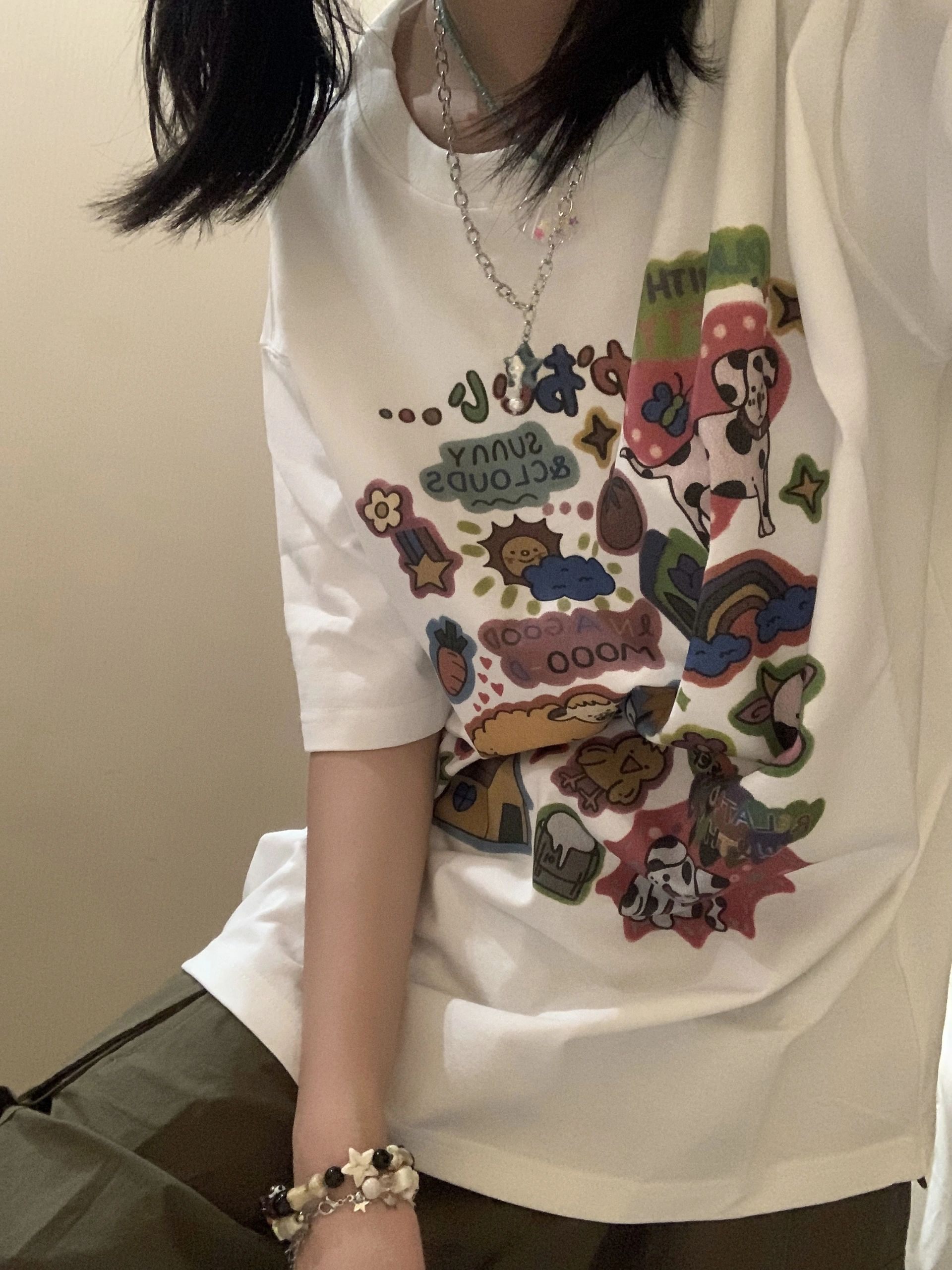 220克精梳緊密賽洛趣味卡通印花圖案短袖T恤上衣