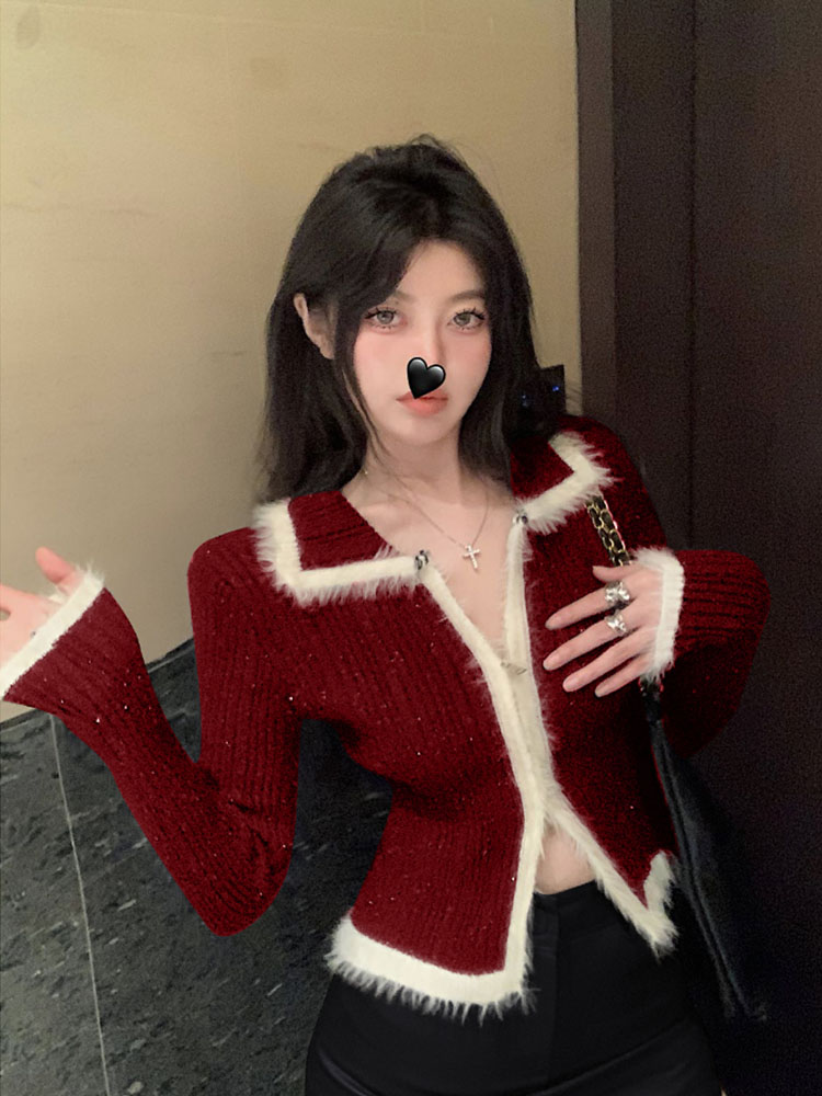 秋冬別致短款翻領上衣高級感新年聖誕紅色毛衣針織打底開衫女內搭