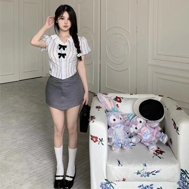 辣妹蝴蝶結條紋短袖襯衫女夏季蕾絲拼接娃娃領設計感短裙時尚套裝
