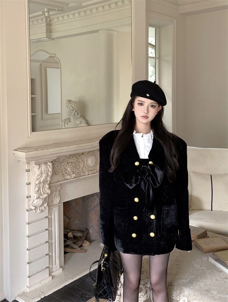 Actual shot of small fragrant bow-knot atmospheric velvet quilted jacket