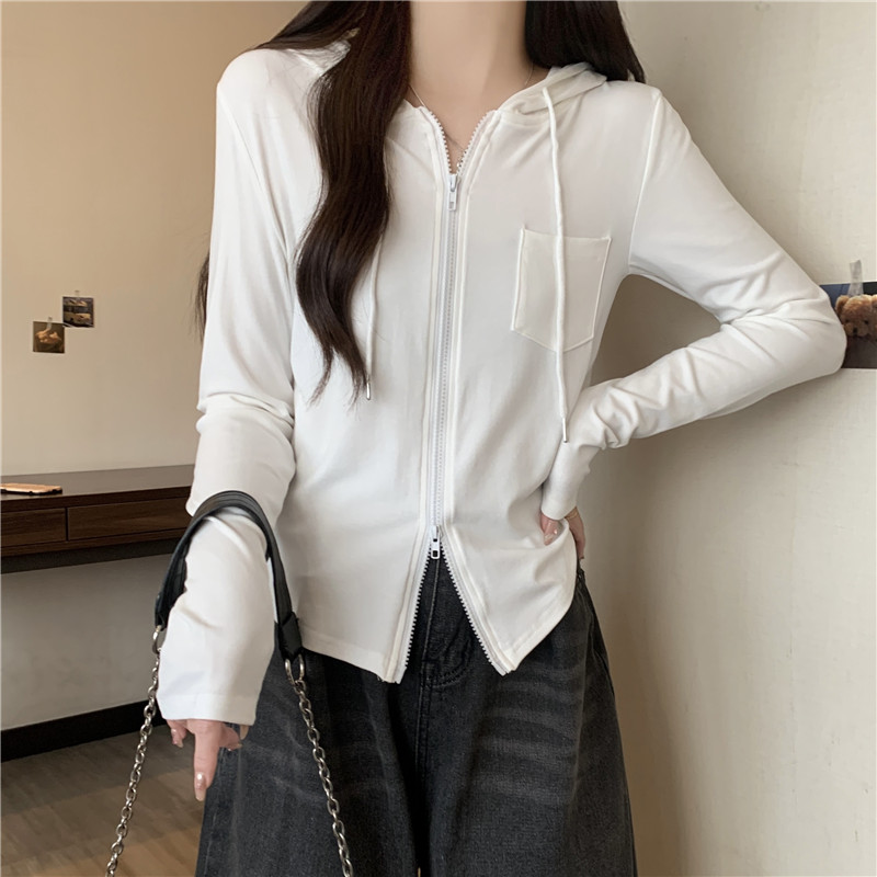 Real shot spring slimming zipper long-sleeved T-shirt Korean style short versatile cardigan jacket women's top