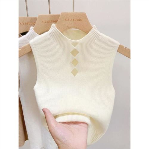 Half turtleneck knitted camisole for women to wear inside and outside, lace sweater, sleeveless T-shirt, belly-covering short top for women