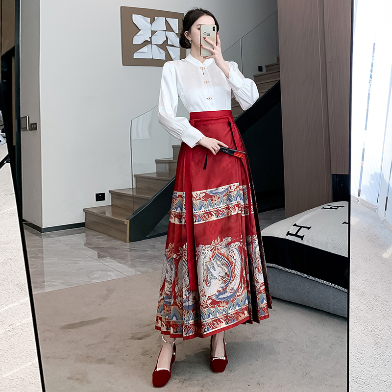 實拍 2024春夏國風紅色馬面裙妝花氣質顯瘦新中式日常出行漢服女