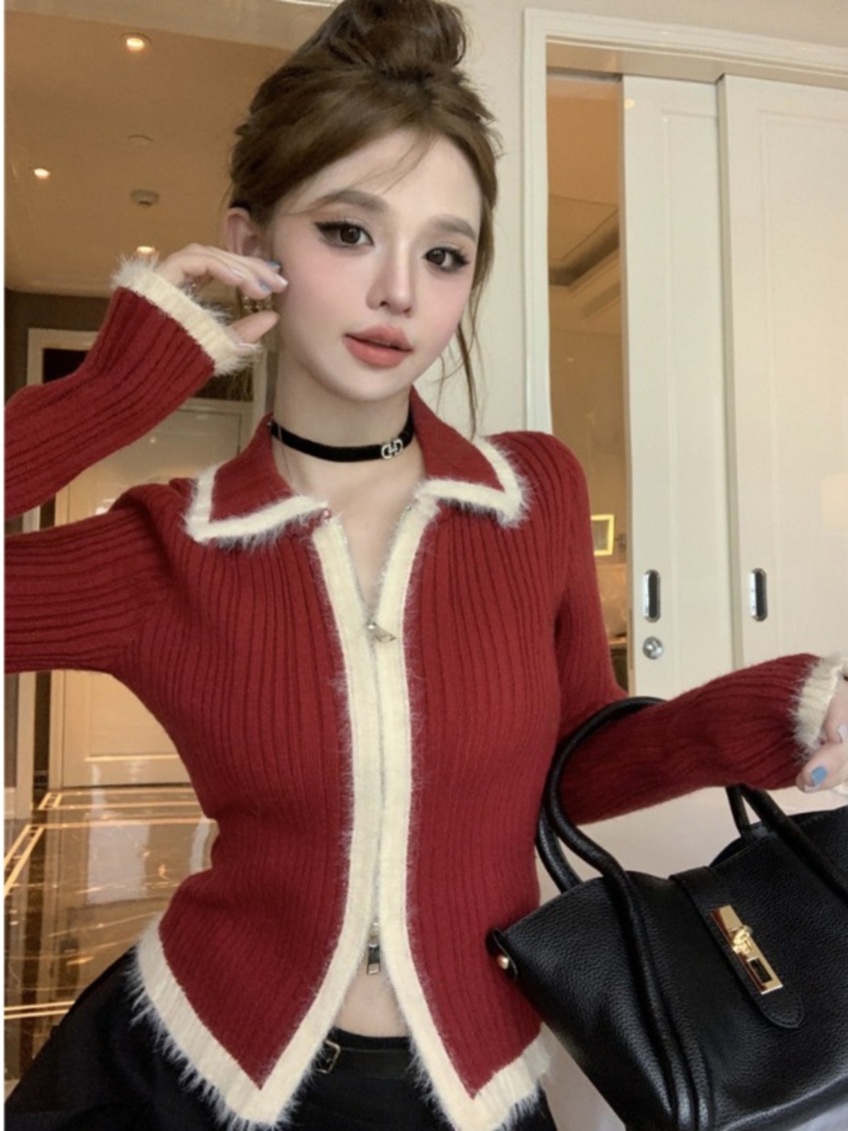 軟糯糯復古拉鏈毛衣女秋冬拼色加厚內搭翻領別致絕美打底針織上衣