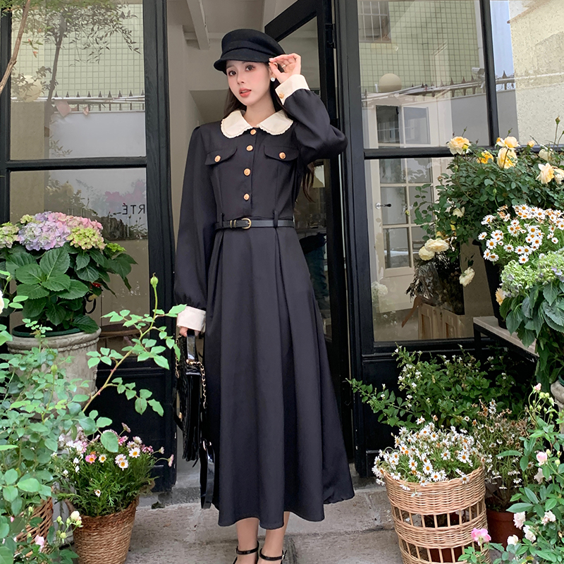 2024春大碼女裝長款淑女簡約連衣裙娃娃領X型純色中長裙不含皮帶