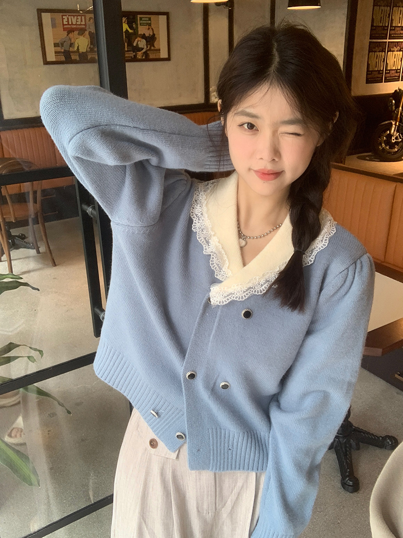 Real shot of lace doll collar long-sleeved sweater for women loose slimming knitted cardigan top