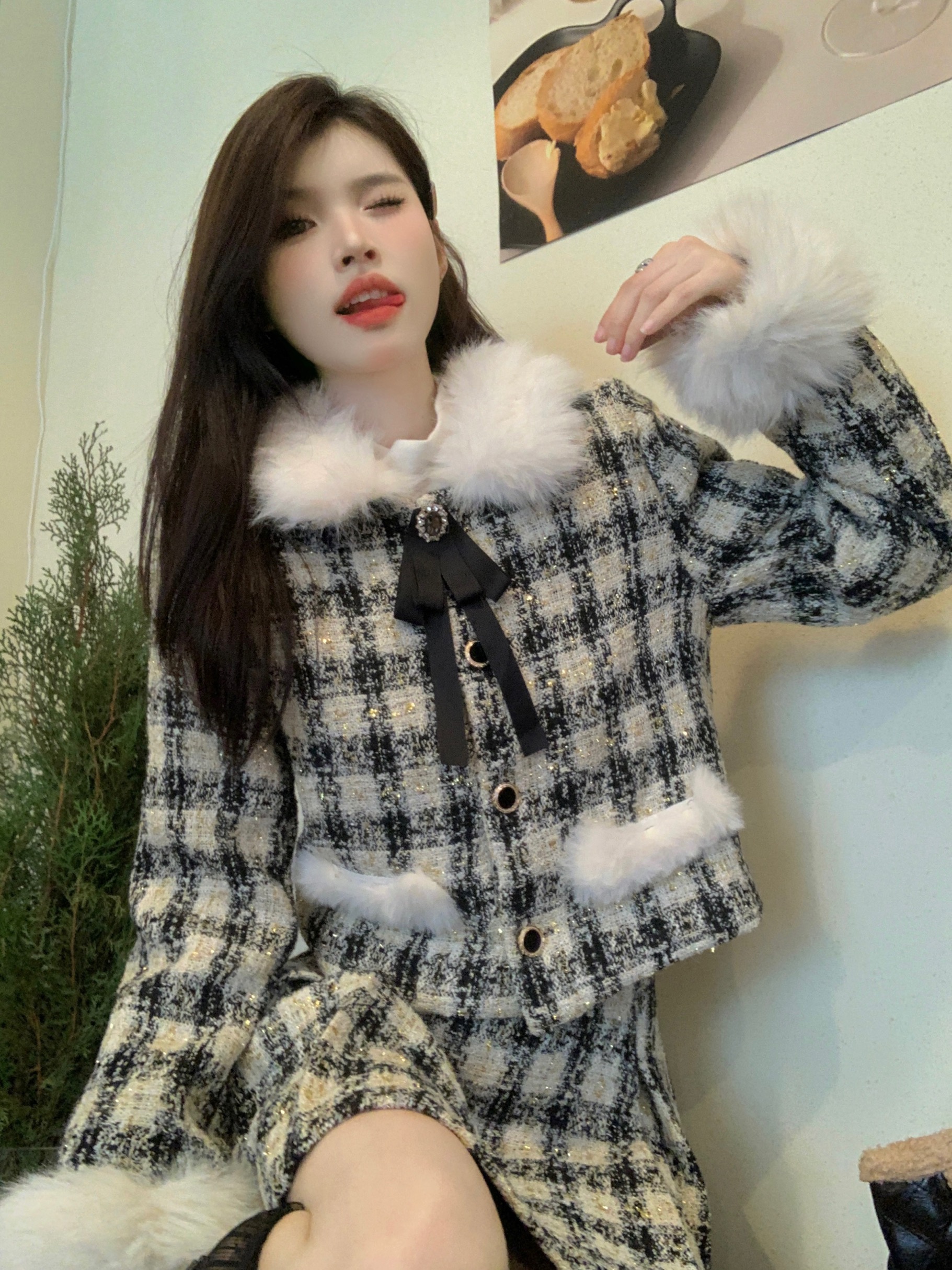 Actual shot of New Year's shirt red plaid suit small fragrant cardigan quilted jacket + pleated skirt skirt