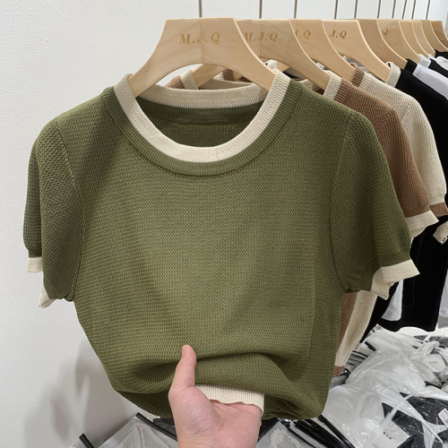 European Solid Color Knitwear Women's Short Sleeve T-Shirt Round Neck Front Shoulder Early Spring Contrast Color French Bottoming Chic Top