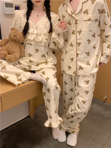 Real shot of Korean style cotton brushed cartoon couple loose casual spring and autumn sweet lace home wear set