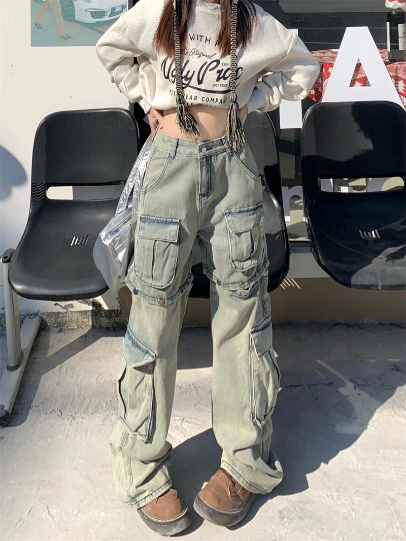 實拍！！！可拆卸設計感工裝牛仔褲女復古高街高腰直筒褲子