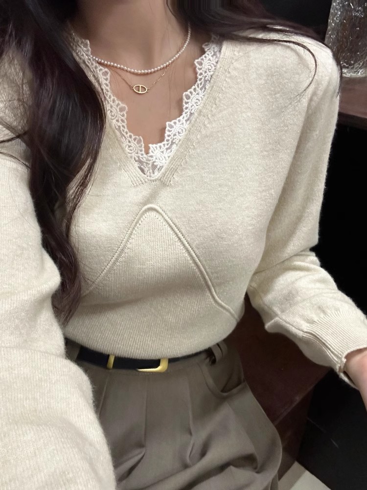 秋冬季高級感法式甜美蕾絲花邊v領純色毛衣女氣質顯瘦長袖針織衫