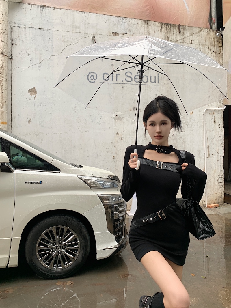 實拍 韓版修身顯瘦中長款設計感機車甜辣長袖包臀打底連衣裙