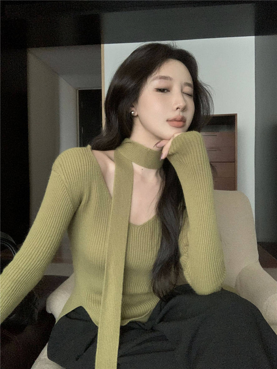 Actual shot Korean version solid color slimming scarf mink fur U-neck fashionable sweater