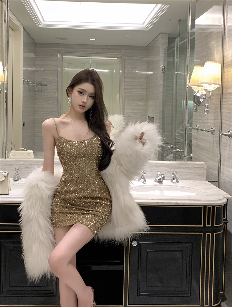 Actual shot~ Shining Stars, my beloved sparkling sexy slim-fitting waist suspender dress for the annual party