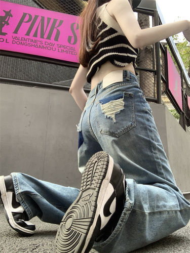 Actual shot of early spring new Korean style high-waisted loose straight casual casual versatile long jeans for women