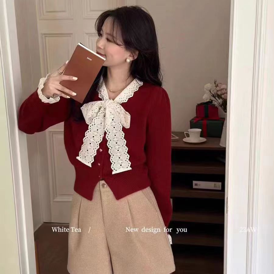 法式蕾絲蝴蝶結系帶針織開衫新款慵懶風顯瘦綿羊絨長袖毛衣女