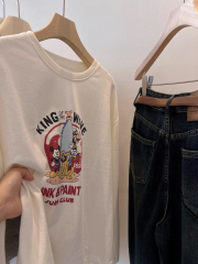 Pure cotton back strip design niche 2024 new loose scooter cartoon loose long-sleeved T-shirt for women