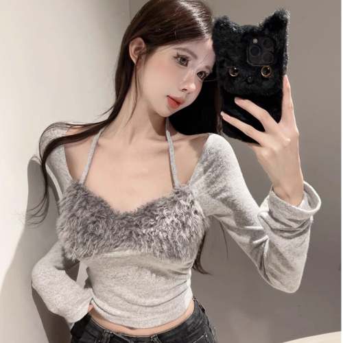 Hot girl lace-up halterneck long-sleeved T-shirt women's autumn design furry splicing slim top sexy navel-baring bottoming shirt