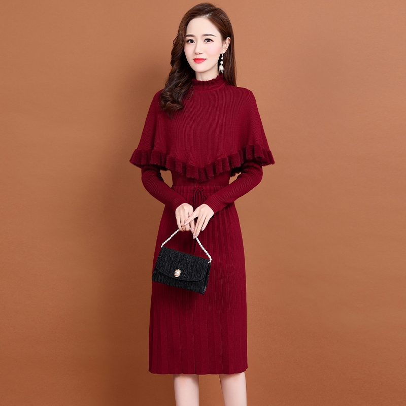 Autumn and winter two-piece suit knitted dress for women above the knee in winter slimming with coat, cloak, sweater and skirt
