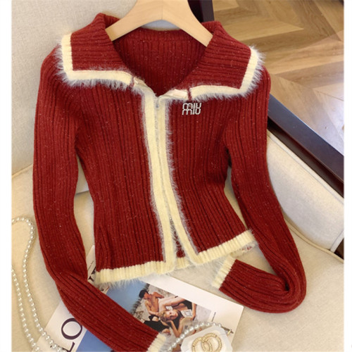 圣诞红色双拉链毛衣女秋冬高级感洋气polo领毛衣内搭修身显瘦上衣
