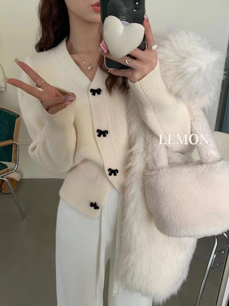 THE LEMON法式V領甜美蝴蝶結寬鬆百搭針織開衫女秋冬新品毛衣外套