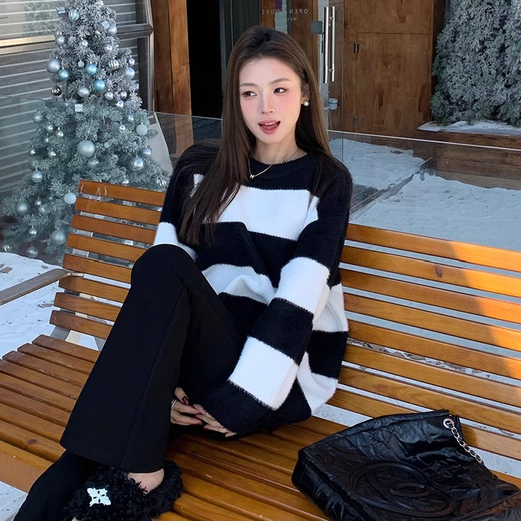 黑白條紋毛衣女裝2024年春秋季寬鬆復古慵懶風撞色針織衫上衣