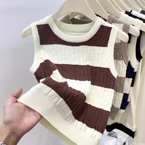 Contrast color stripe pit strip sleeveless knitted vest for women autumn and winter new style suit with waistcoat and outer top trendy