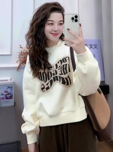 Letter printed short milky apricot round neck sweatshirt for women autumn new Korean style gentle style loose top