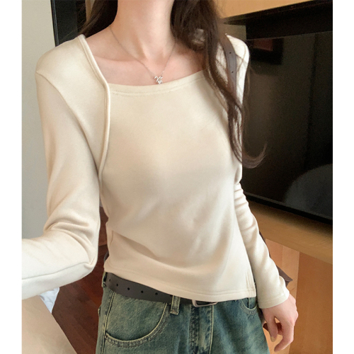 Actual pictures of cashmere fleece square collar irregular slim slim long-sleeved T-shirt women's new autumn and winter bottoming shirt