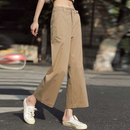 Spring and summer khaki cotton wide-leg pants for women, new high-waist slimming straight nine-point casual pants