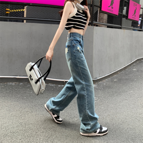 Actual shot of early spring new Korean style high-waisted loose straight casual casual versatile long jeans for women