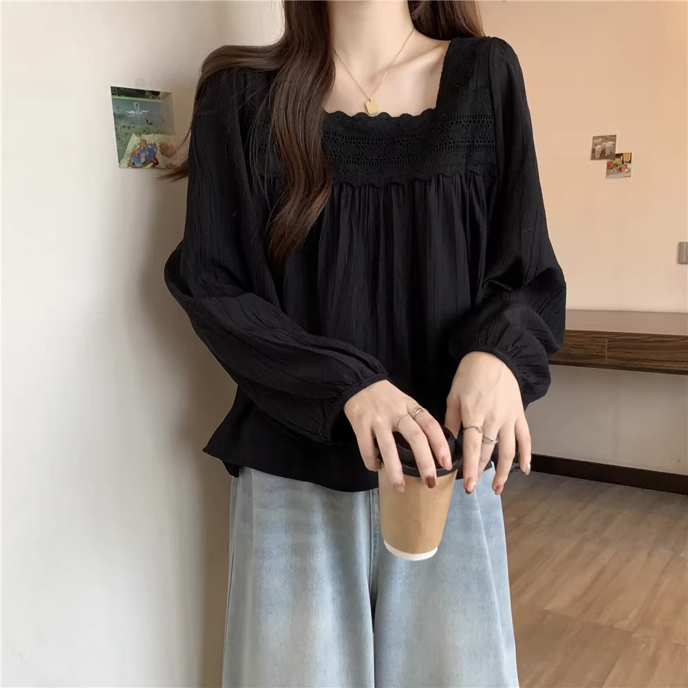 原版做工大碼女裝胖mm燈籠袖方領拼接襯衣春季新款寬鬆顯瘦上衣