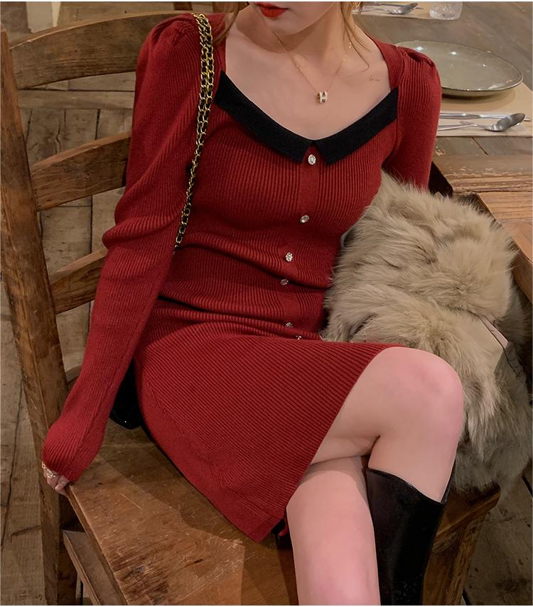 小個子秋冬連衣裙女新款配大衣內搭裙子v領小香風打底針織裙