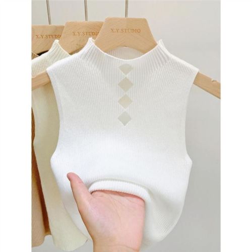 Half turtleneck knitted camisole for women to wear inside and outside, lace sweater, sleeveless T-shirt, belly-covering short top for women