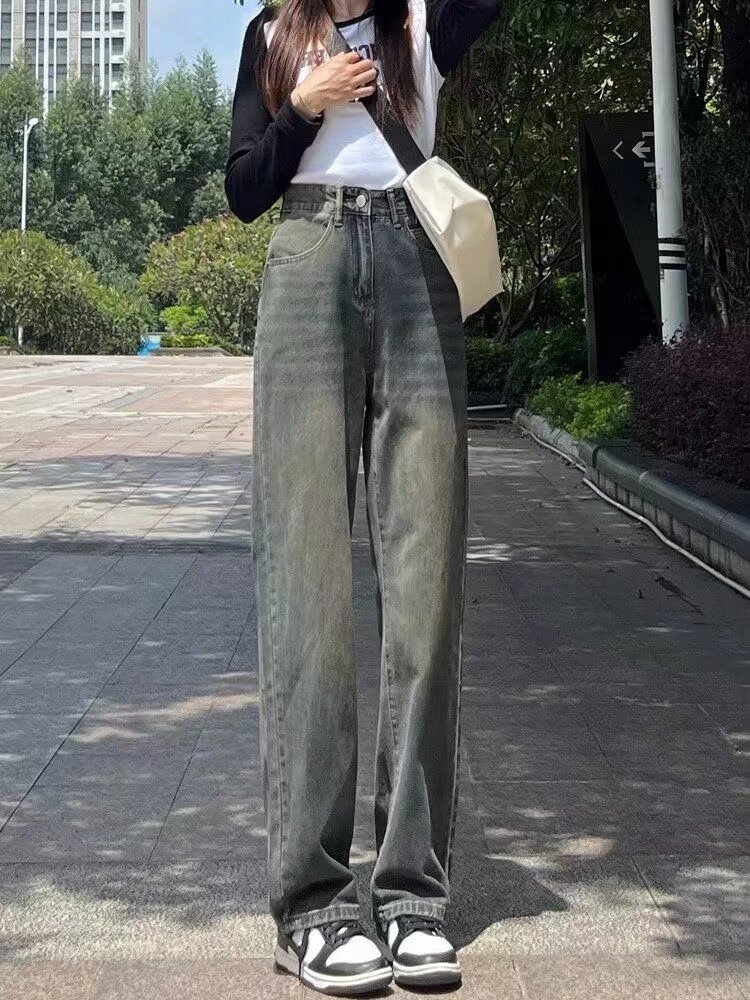 美式復古高街做舊牛仔褲女秋季高腰顯瘦闊腿褲直筒褲拖地長褲子潮