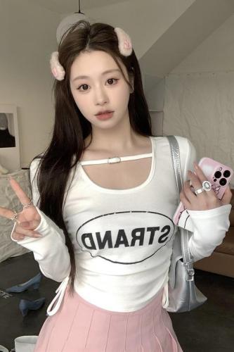 Real-shot letter printed long-sleeved U-neck T-shirt spring and summer new hot girl drawstring pleated slim short bottoming shirt