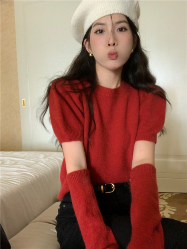 实拍 新款 韩系小众洋气兔毛泡泡袖配袖套针织毛衣