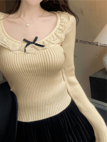 Christmas and New Year red top lace knitted sweater slim low round neck with bottoming sweater for women in autumn and winter