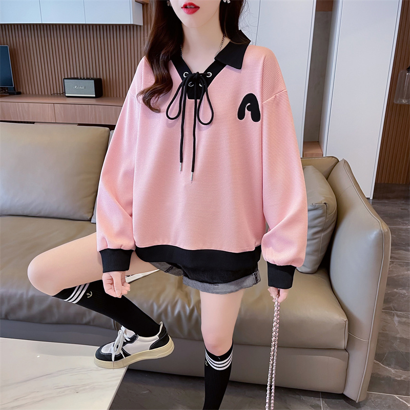 實拍-2024春裝華夫格螺紋CVC小個子上衣插色拼接薄款衛衣女