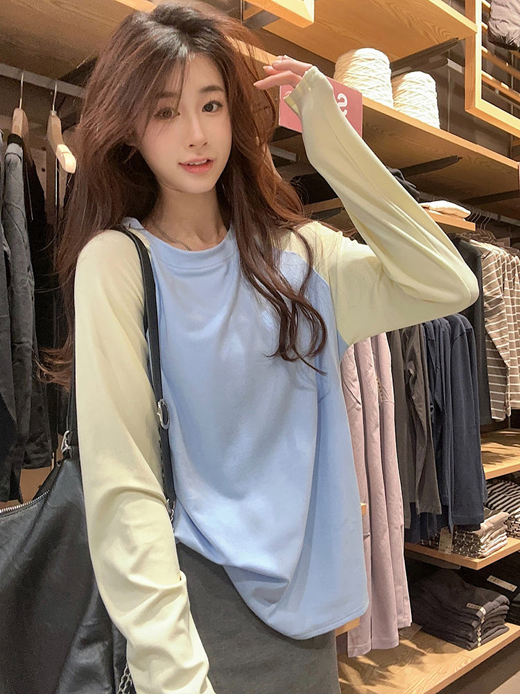 Real shot ~ pure cotton round neck long-sleeved T-shirt color matching top trendy spring