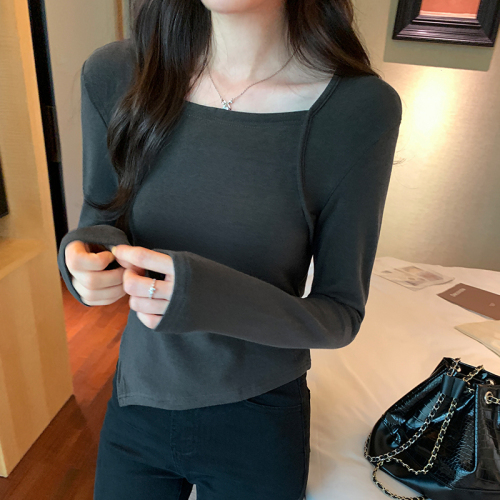 Actual pictures of cashmere fleece square collar irregular slim slim long-sleeved T-shirt women's new autumn and winter bottoming shirt