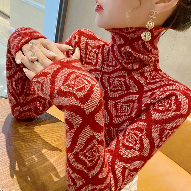 紅色高領毛衣女款秋冬打底衫新款洋氣時尚針織內搭女裝