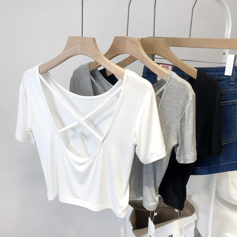 Summer Korean style slimming and careful cross-over beautiful back short bottoming short-sleeved T-shirt tops for women